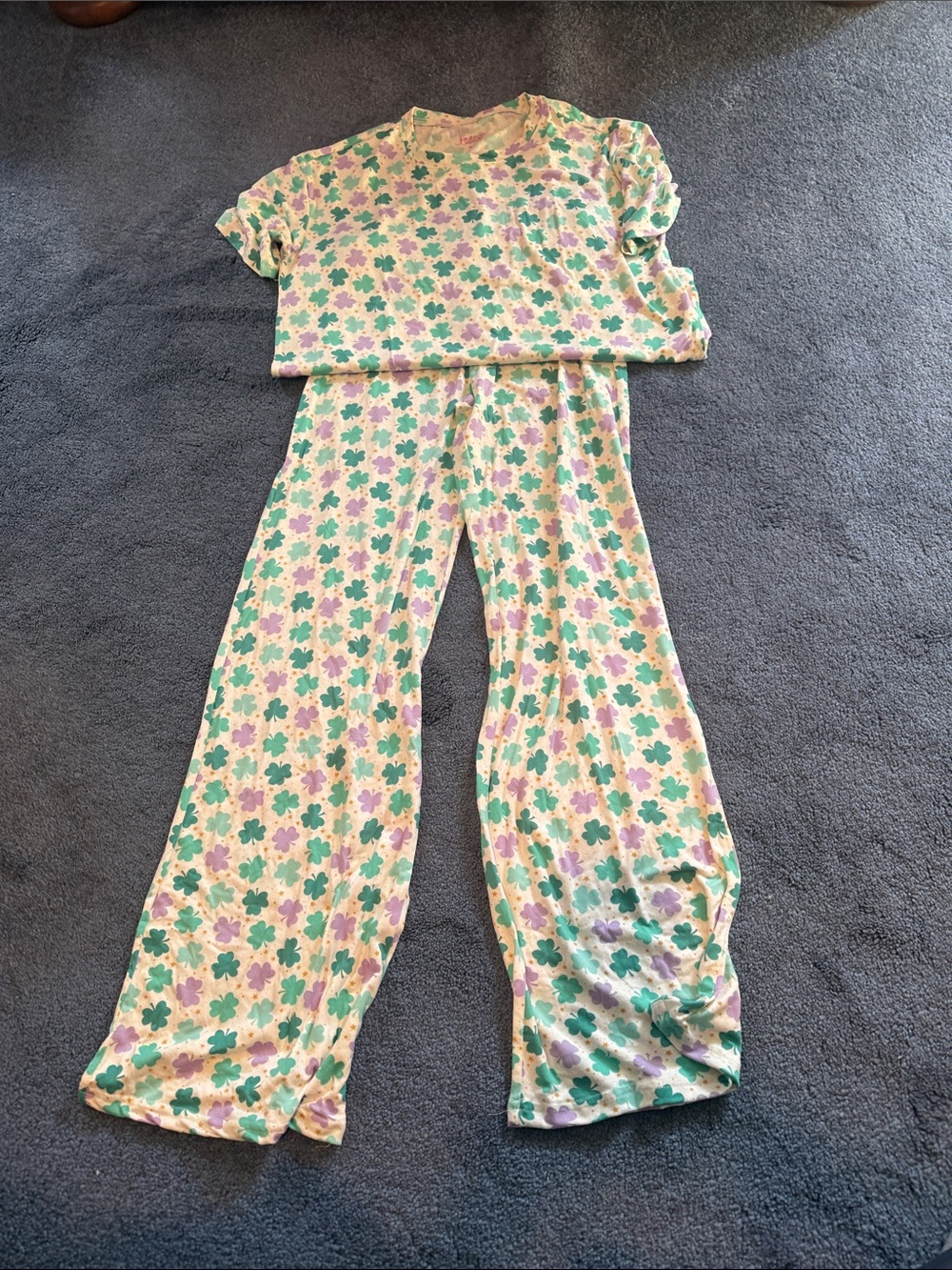 Jordan Cream Clover-Print Pajama Set with Green & Pink Accents